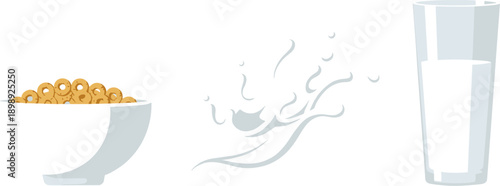 Bowl of cereal with milk splash and a glass of milk on a white background