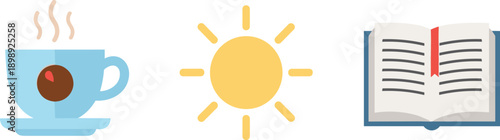 Morning routine icons: coffee, sun, and an open book for a peaceful start