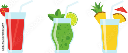 Three refreshing fruit drinks with garnishes and straws on a white background