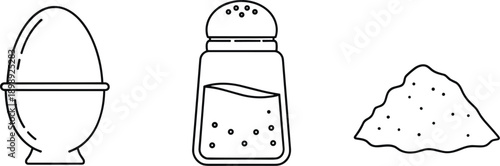 Simple line art icons of a soft-boiled egg, salt shaker, and pile of salt