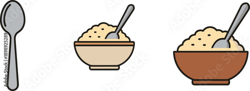 Simple flat icons of a spoon and bowls of oatmeal or porridge