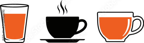 Collection of three beverage icons: a glass, a steaming cup, and a mug with orange liquid