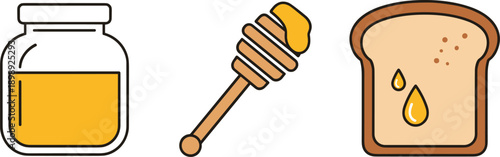 Simple flat icons of honey jar, dipper, and toast with honey drops