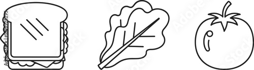 Simple line art icons of a sandwich, lettuce, and tomato on a white background