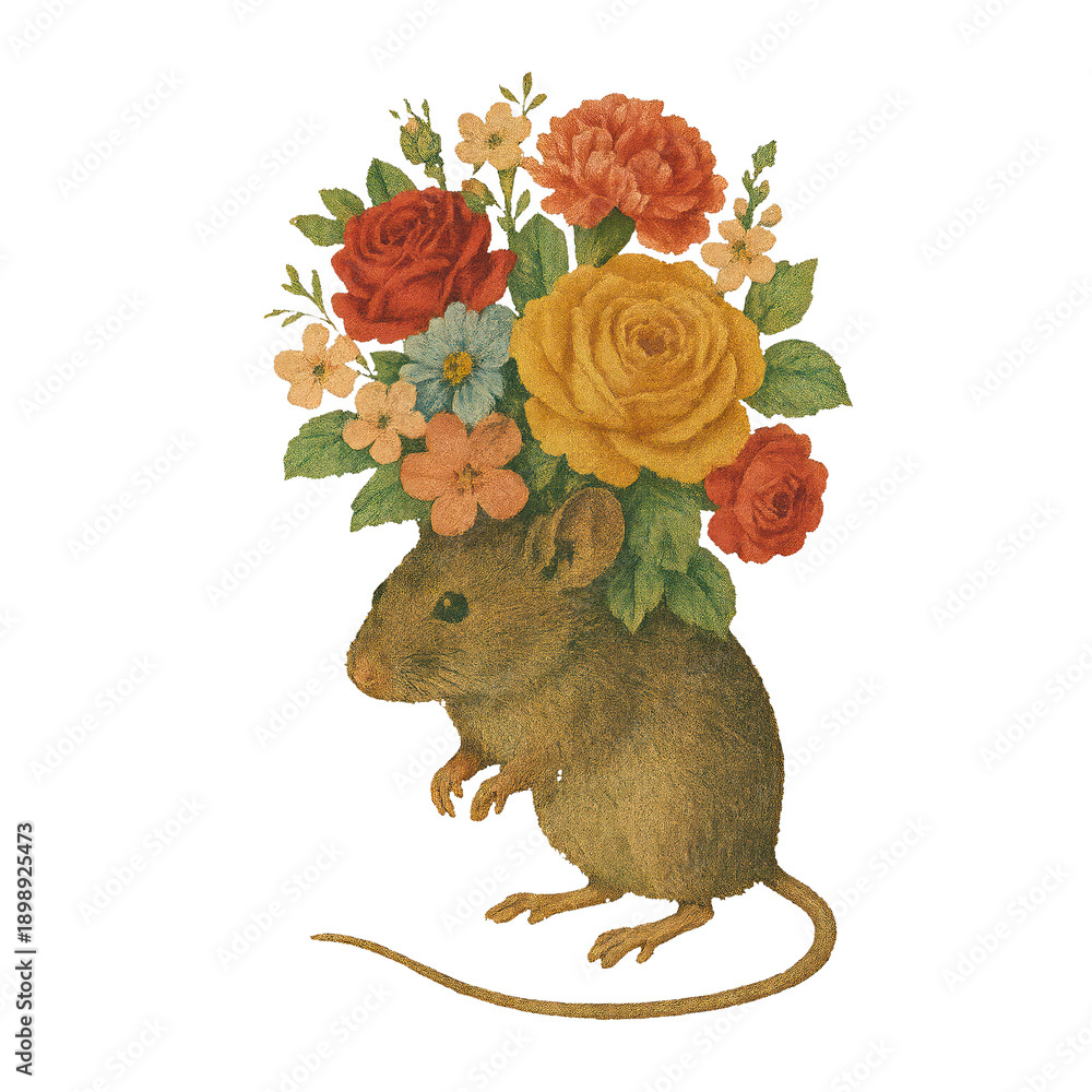 Fototapeta premium PNG Mouse adorned with floral bouquet.
