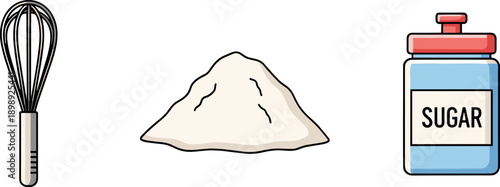 Baking ingredients and tools: whisk, sugar, and flour on a white background