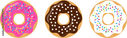 Three colorful frosted donuts with sprinkles in pink, chocolate and white glaze on white background