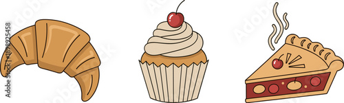 A delicious assortment of baked goods including a croissant, cupcake, and slice of pie