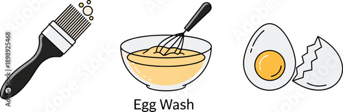 Egg wash preparation with brush, bowl, and whisk, plus a cracked egg
