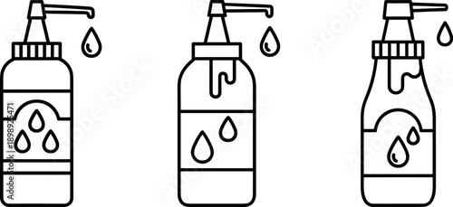 Set of three line art icons representing liquid soap or sanitizer dispensers with drops