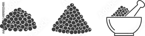 Pile of black caviar and mortar with pestle icon set