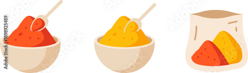 Colorful spices in bowls and a bag, representing culinary ingredients and seasonings