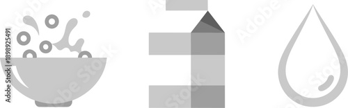 Cereal bowl with milk splash, milk carton, and water drop icons in grayscale
