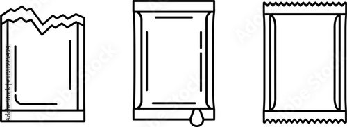 Three different types of single-serving packets, illustrated in a clean line art style