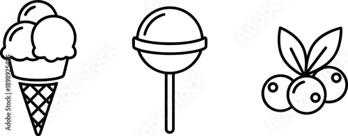 Simple line art icons of ice cream cone, lollipop, and berries on a white background