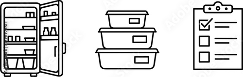 Organized refrigerator, food containers, and checklist for meal planning and food management