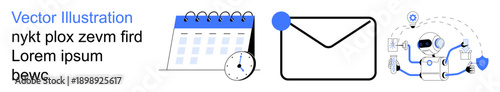 Scheduling, communication, automation, digital organization, time management, AI solutions. Image shows a calendar, an envelope and a technology network diagram. Scheduling and communication