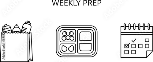 Weekly meal prep icons showing grocery bag, lunchbox, and calendar with checklist