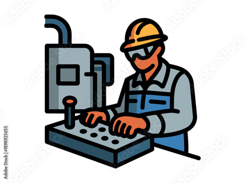A cartoon illustration of a worker operating a machine with a control panel