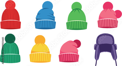 Colorful knit hats with pom poms isolated on white background