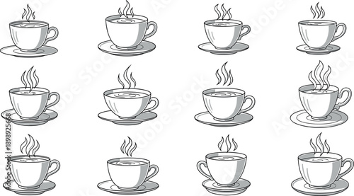 Set of twelve steaming coffee cups on saucers in black and white illustration