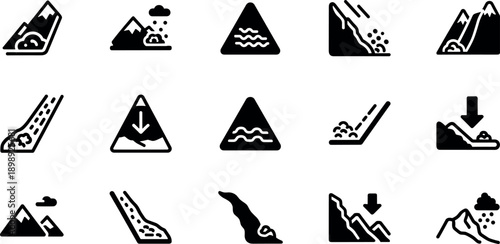 Black and white icons depicting various mountain and landslide warning symbols