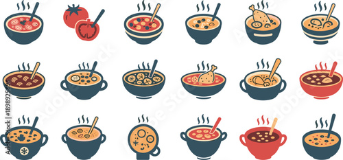 Collection of various bowls of soup with spoons isolated on white background