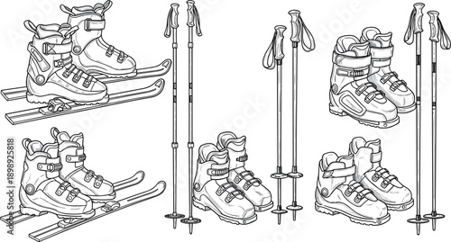 Black and white illustration of various ski boots and poles on white background