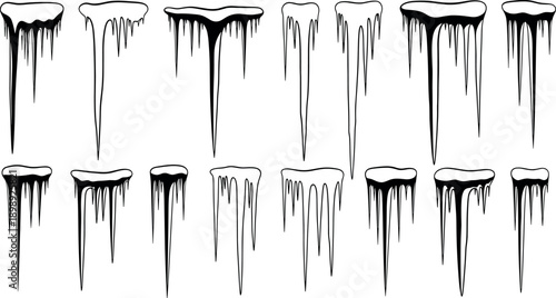 Ink drips and splatters in various shapes and sizes isolated on white background