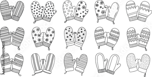 Collection of various patterned mittens isolated on white background