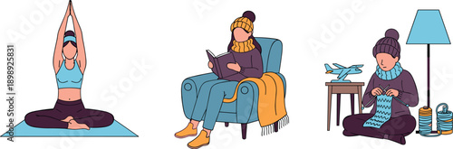 Three women engaging in relaxing activities at home with yoga and reading