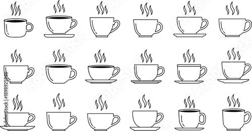 Black and white illustration of multiple steaming coffee cups on saucers