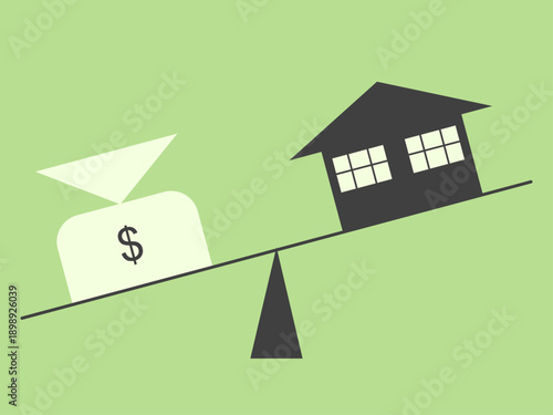 Vector illustration of a scale showing that houses cost more than people spend. Housing problem.