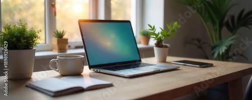 Wallpaper Mural A cozy and minimalistic home office setup with a sleek laptop, notepad, and a cup of coffee on a stylish desk , minimalist, freelancer Torontodigital.ca