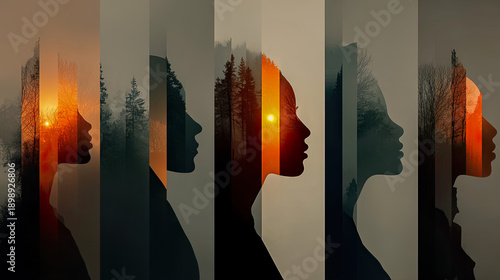 Female silhouettes blended with forest and sunset landscapes, reflecting connection and inner transformation. Generated with AI
