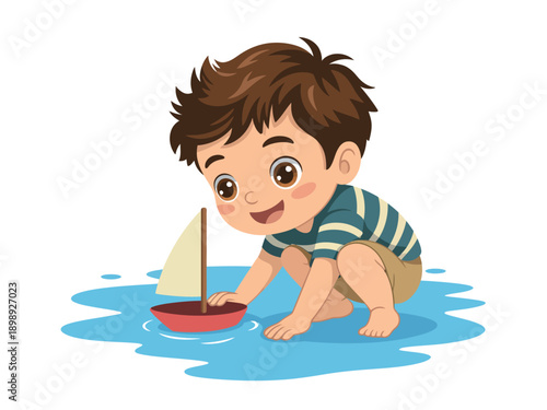 A young boy playing with a toy boat in a puddle of water on the ground