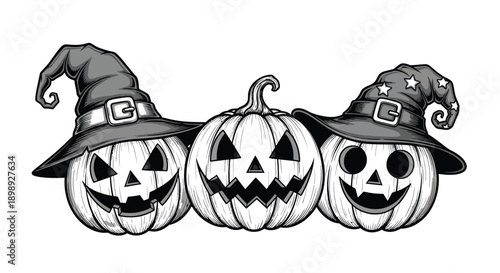 Three carved pumpkins wear witch hats.