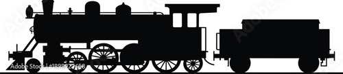 Black silhouette of a vintage steam engine with a freight car on a white background train locomotive