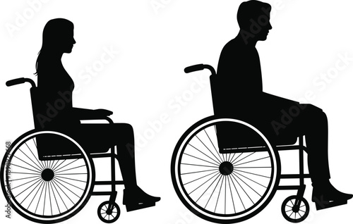 Black silhouette of a woman and a man sitting in wheelchairs symbolizing accessibility and mobility challenges