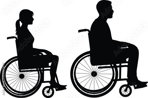 Black silhouette of a woman and a man sitting in wheelchairs symbolizing accessibility and mobility challenges