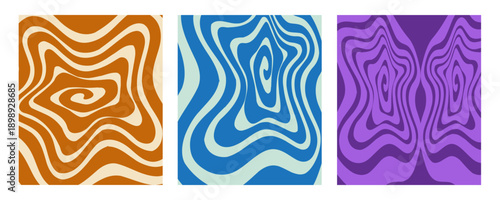 Cool Retro Swirl Pattern. Psychedelic Wavy Vector Background. Funky Spiral and Radial Sunburst Abstract Background Set. Vector illustration