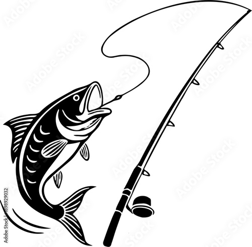 Fishing Rod and Jumping Fish Line Art Illustration Isolated on White