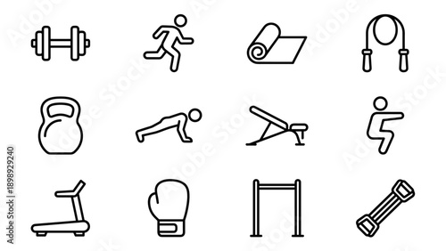 Set of 12 Minimalist Fitness and Gym Workout Line Icons with Dumbbell, Running, Yoga Mat, Jump Rope, Kettlebell, Push-ups, Weight Bench, Squats, Treadmill, Boxing Glove, Pull-up Bar, and Resistance