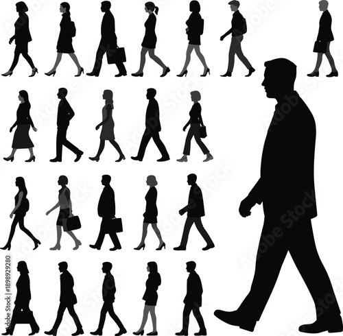 Diverse group of silhouettes walking in various poses and directions against a white background representing business and daily life