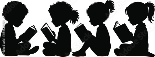 Four diverse children silhouettes sitting and reading books, representing education, imagination, and childhood learning in a simple style