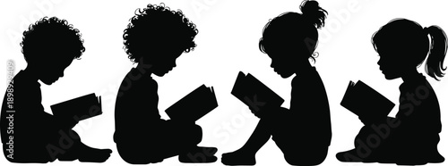 Four diverse children silhouettes sitting and reading books, representing education, imagination, and childhood learning in a simple style