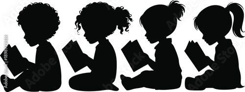 Four diverse children silhouettes sitting and reading books, representing education, imagination, and childhood learning in a simple style