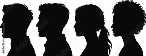Four diverse human profile silhouettes with distinct hairstyles and gender representations set against a pure white background