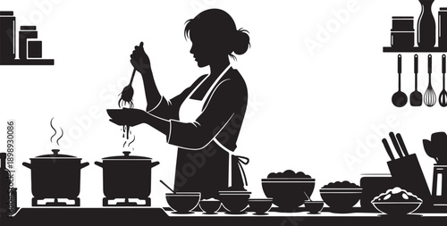 Silhouette of a woman wearing an apron, expertly cooking and tasting food in a well-equipped kitchen.