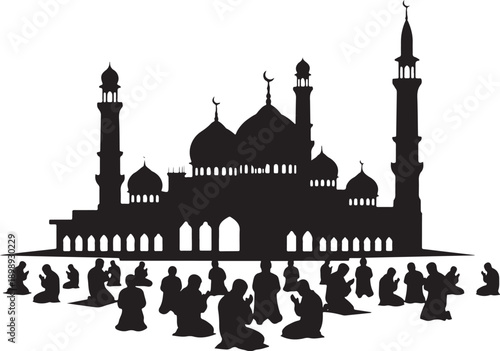 Silhouette of a large group of Muslims praying in rows before a grand, intricate mosque.